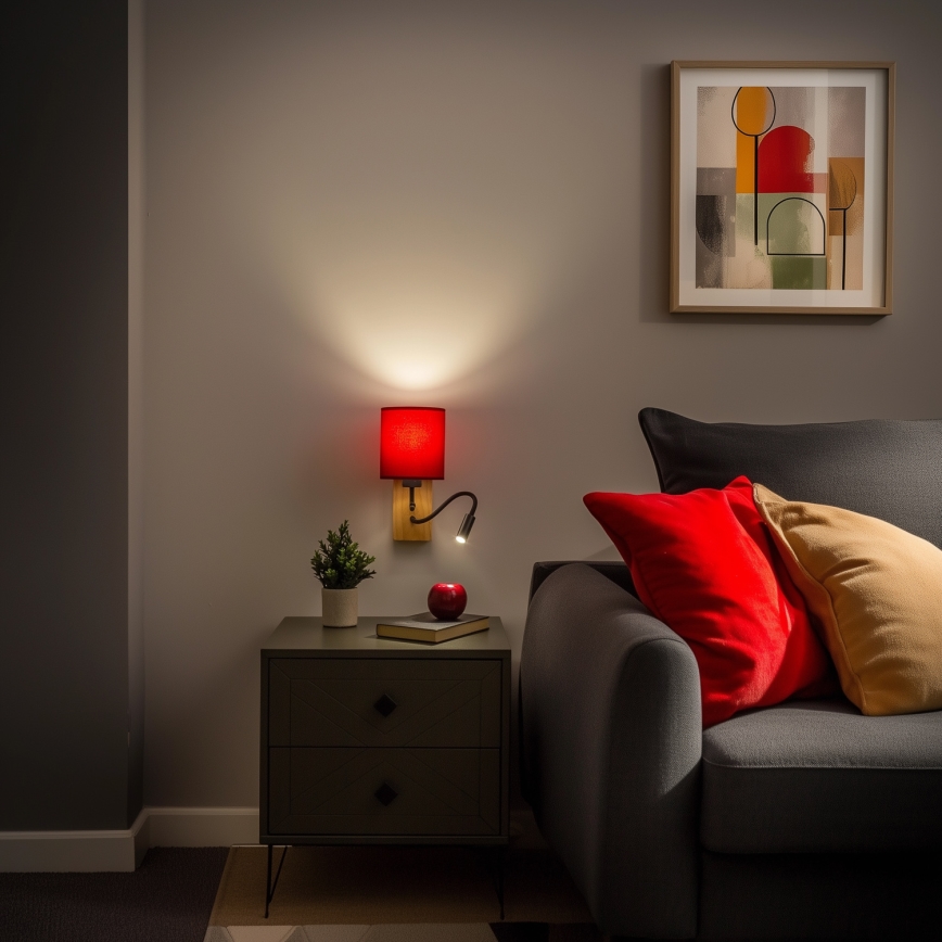 Brilagi - LED Flexibele wandlamp NUBILA WOOD 1xE27/25W/230V + LED/3W eiken/Pompejaanse rood