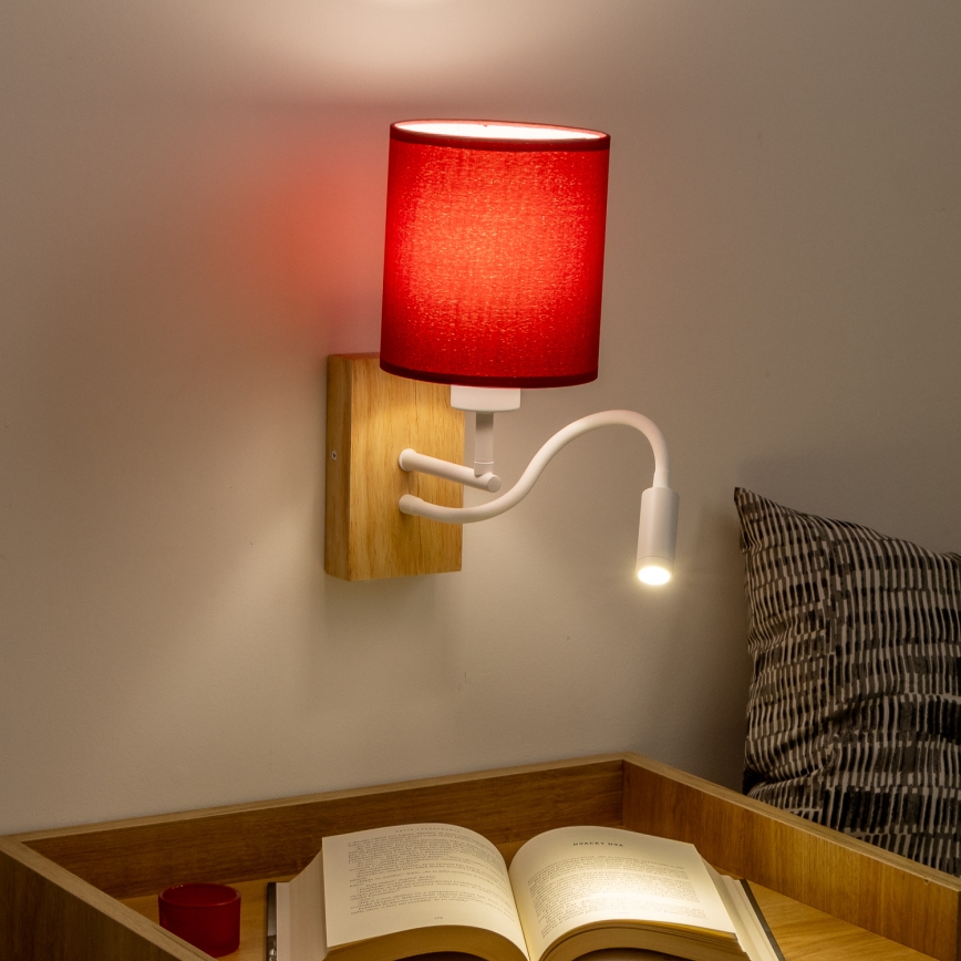 Brilagi - LED Flexibele wandlamp NUBILA WOOD 1xE27/25W/230V + LED/3W eiken/Pompejaanse rood