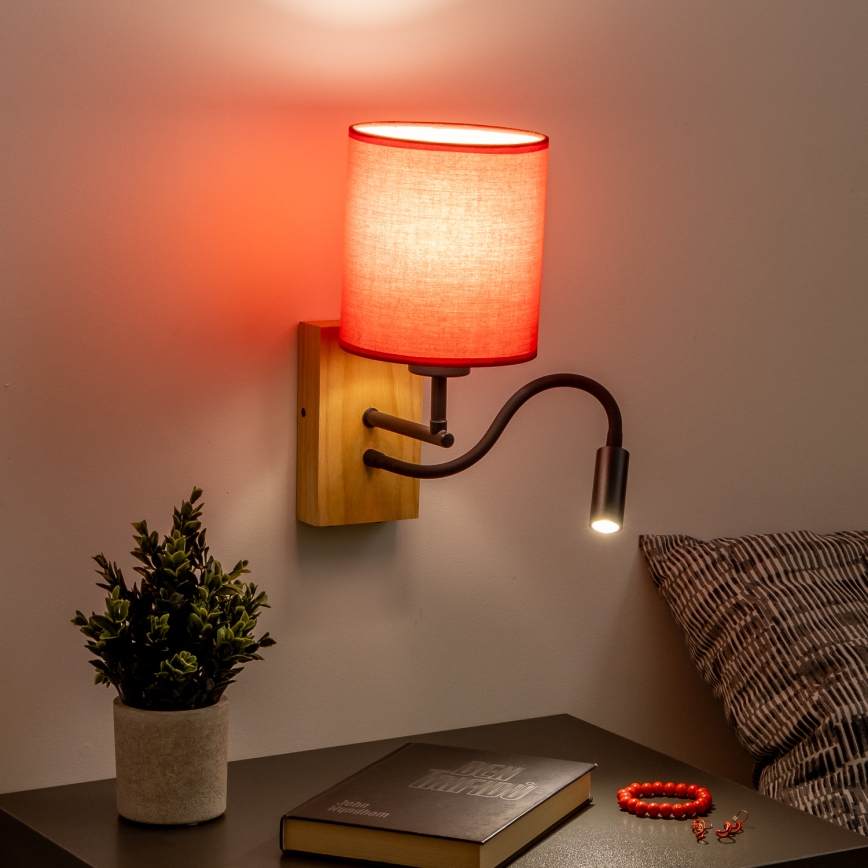 Brilagi - LED Flexibele wandlamp NUBILA WOOD 1xE27/25W/230V + LED/3W eiken/rood