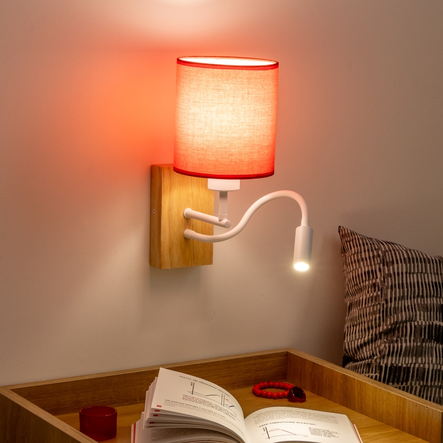 Brilagi - LED Flexibele wandlamp NUBILA WOOD 1xE27/25W/230V + LED/3W eiken/rood