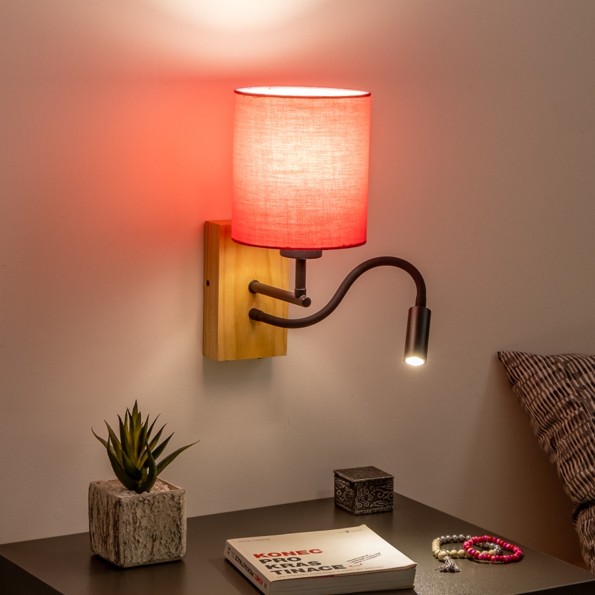 Brilagi - LED Flexibele wandlamp NUBILA WOOD 1xE27/25W/230V + LED/3W eiken/roze