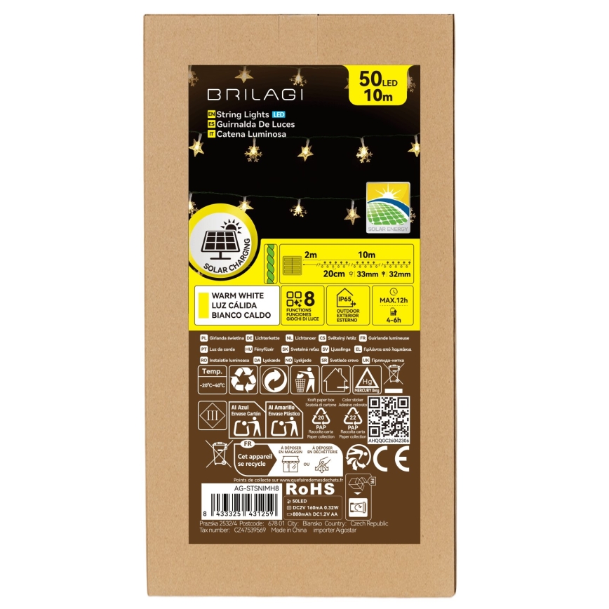 BRILAGI - LED zonne-kerstsnoer 50x LED/8 functies 12 m 800 mAh IP65 warm wit