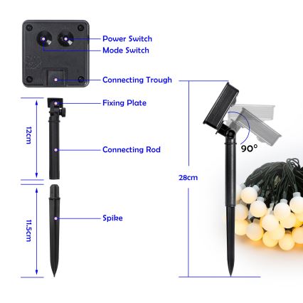 Brilagi - LED zonne-lichtsnoer BUBBLE 50xLED/8 functies 7m IP65 warm wit 600 mAh