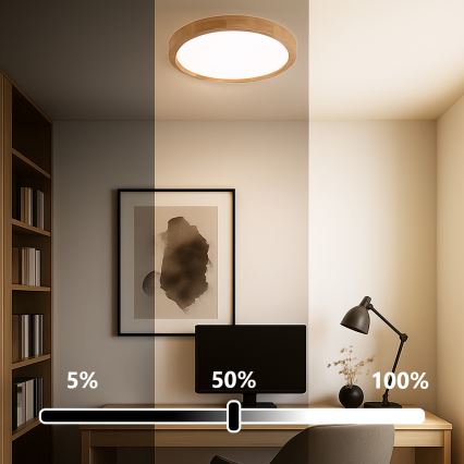 Brilagi - Plafonnier LED dimmable WOODROUND, 30 W, 230 V, 3000–6000 K, Ø 40 cm, finition bois, IRC 90 + télécommande