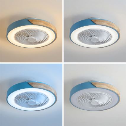 Brilagi - Plafonnier LED dimmable avec ventilateur, 38 W/230 V, 3000–6500 K, diam. 50 cm, bleu/chêne + télécommande