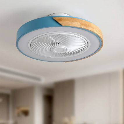 Brilagi - Plafonnier LED dimmable avec ventilateur, 38 W/230 V, 3000–6500 K, diam. 50 cm, bleu/chêne + télécommande
