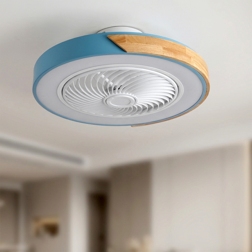 Brilagi - Plafonnier LED dimmable avec ventilateur, 38 W/230 V, 3000–6500 K, diam. 50 cm, bleu/chêne + télécommande