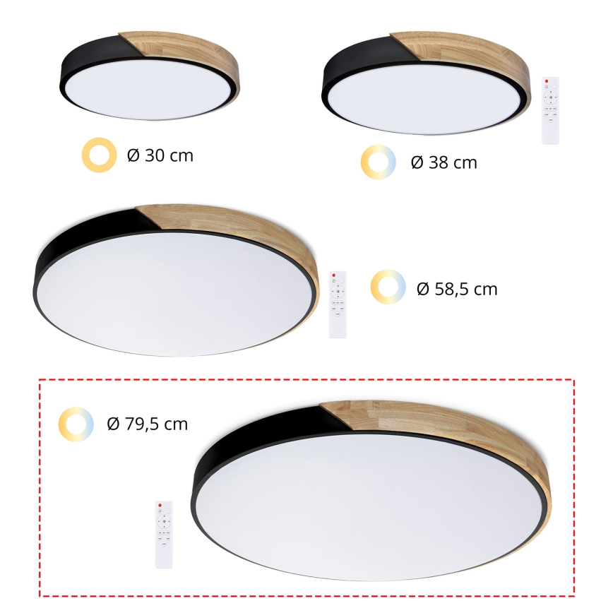 Brilagi - Plafonnier LED dimmable PILANA 72 W 230 V 3000–6500 K chêne/noir Ø 80 cm + télécommande