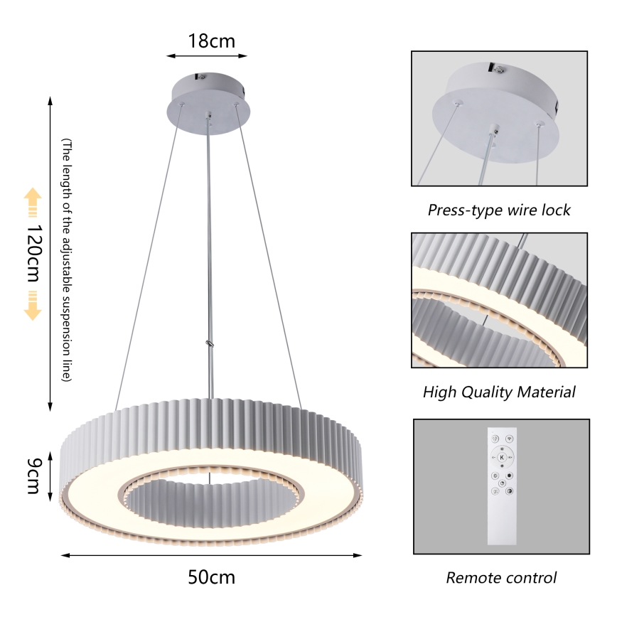 Brilagi - Suspension LED dimmable sur câble LUMIX LED/48W/230V 3000-6000K blanc Ø 50 cm + télécommande