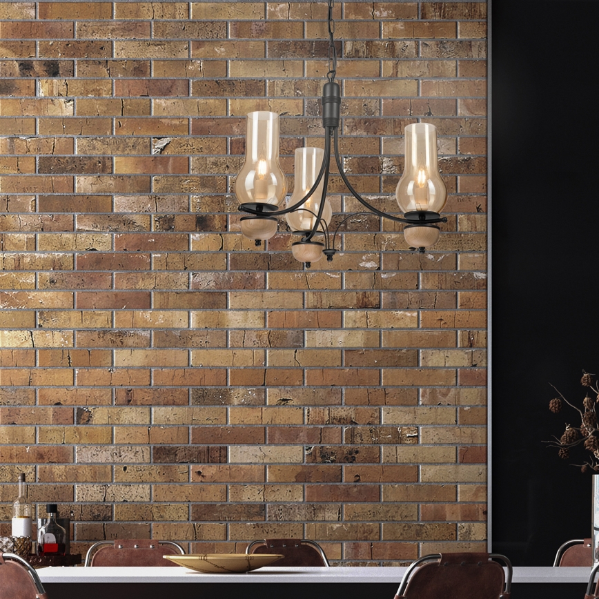 Brilagi - Lustre LED sur chaîne COTTAGE 3xE14/40W/230V chêne/noir/beige fumé