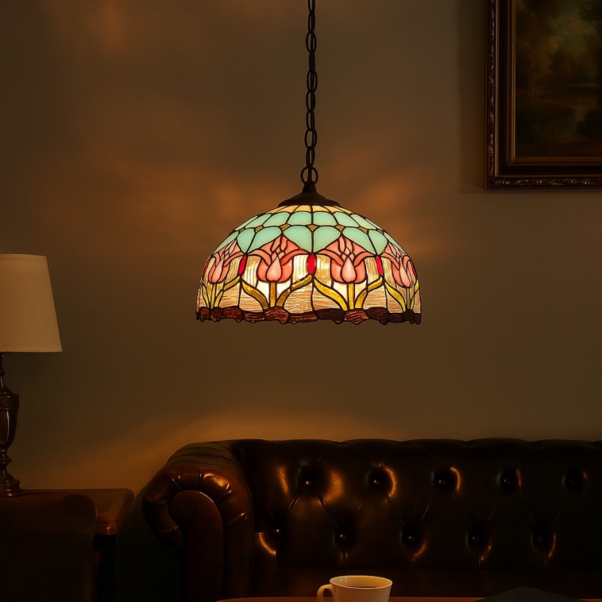 Brilagi - Lustre Tiffany en vitrail sur chaîne LORAS 2xE27/60W/230V