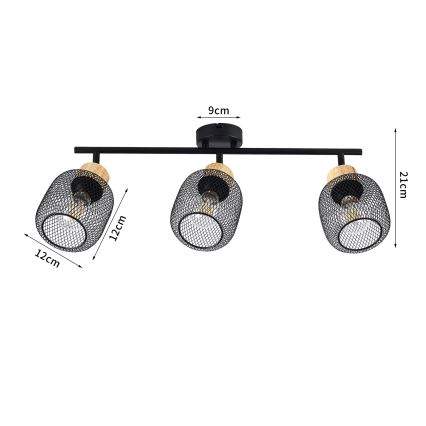 Brilagi - Plafondspot BASKLITE 3xE27/15W/230V rubberhout/zwart