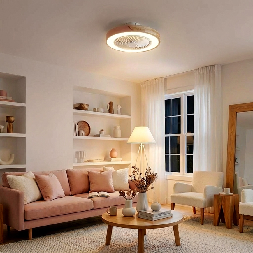 Brilagi - Dimbare LED-plafondlamp met ventilator LED/38W/230V 3000–6500K Ø 50 cm roze/eik + afstandsbediening