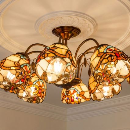 Brilagi - Plafonnier affleurant Tiffany en vitrail MIRABELLA, 8xE27/60W/230V, Ø 68 cm