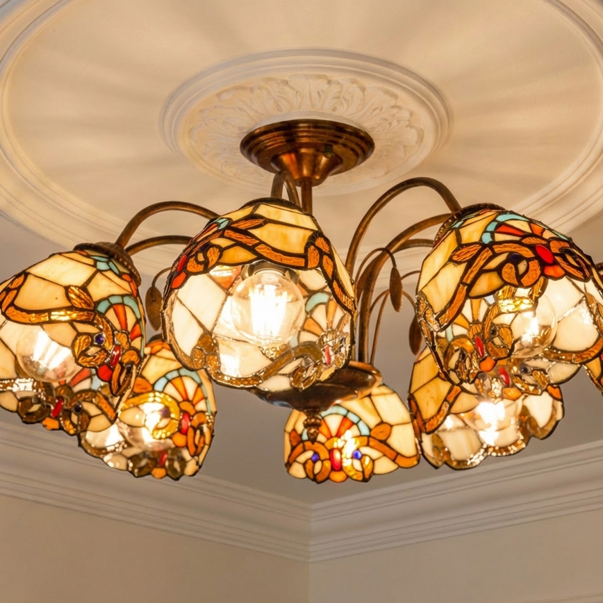 Brilagi - Plafonnier affleurant Tiffany en vitrail MIRABELLA, 8xE27/60W/230V, Ø 68 cm