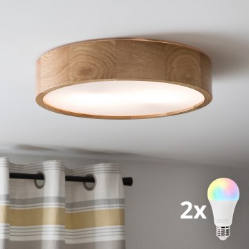 Brilagi - Plafonnier LED RGBW dimmable CARVALHO 2xE27/9W/230V 2700-6500K Wi-Fi chêne Ø 37,5 cm