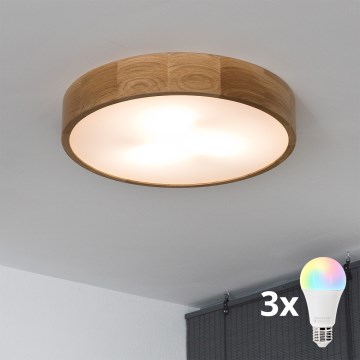 Brilagi - Plafonnier LED RGBW dimmable CARVALHO 3xE27/9W/230V 2700-6500K Wi-Fi chêne Ø 47,5 cm