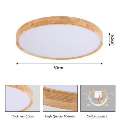 Brilagi - plafonnier LED WOODROUND LED/40W/230V 3000/4000/6000K Ø 60 cm bois CRI 90