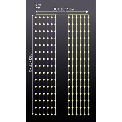Brilagi - Rideau de Noël 300xLED/8 fonctions/3xAA/USB 1,2m blanc chaud