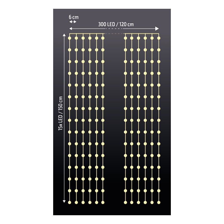 Brilagi - Rideau de Noël 300xLED/8 fonctions/3xAA/USB 1,2m blanc chaud