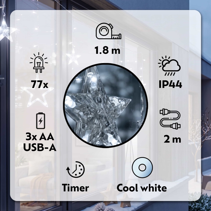 BRILAGI - Rideau de Noël extérieur 77xLED/3xAA/USB 1,8m IP44 blanc froid
