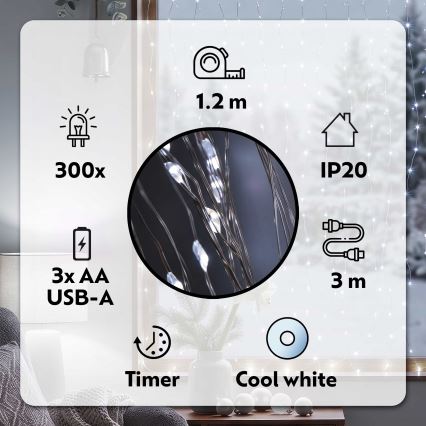 BRILAGI - Rideau de Noël LED 300xLED/8 fonctions/3xAA/USB 1,2m blanc froid