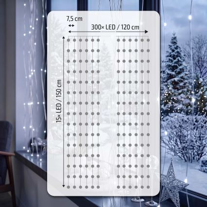 BRILAGI - Rideau de Noël LED 300xLED/8 fonctions/3xAA/USB 1,2m blanc froid