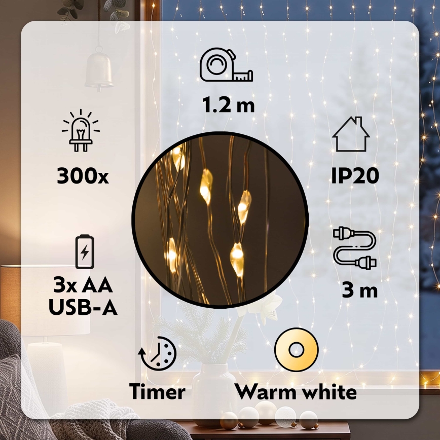 BRILAGI - Rideau lumineux LED de Noël 300xLED/8 fonctions/3xAA/USB 1,2m blanc chaud