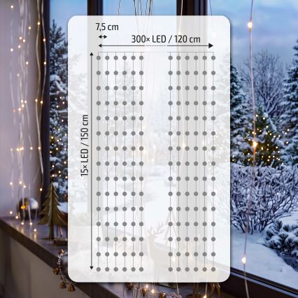 BRILAGI - Rideau lumineux LED de Noël 300xLED/8 fonctions/3xAA/USB 1,2m blanc chaud