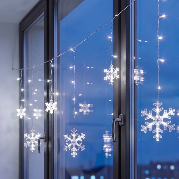 BRILAGI - Rideau lumineux LED de Noël 77xLED/3xAA/USB, 3,8 m, motifs flocons, blanc froid
