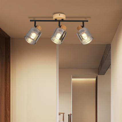 Brilagi - Spotarmatuur HYGGE 3xE14/15W/230V rubberhout/gerookt glas