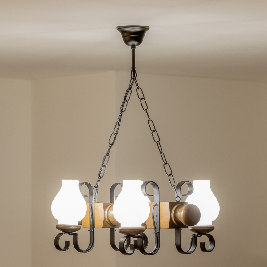 Brilagi - Suspension chaîne RUSTIC 4xE14/40W/230V hêtre/noyer
