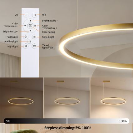 Brilagi - Suspension LED dimmable sur câble PORTOFINO LED/60W/230V 3000-6000K diam. 80 cm dorée + télécommande