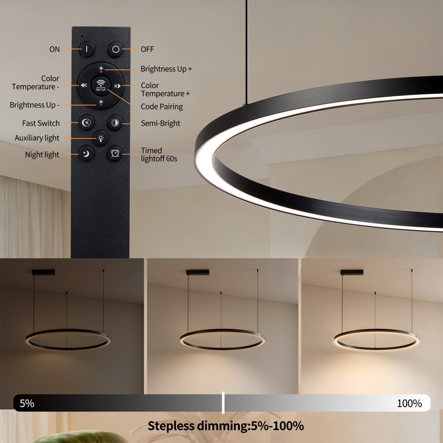 Brilagi - Suspension LED dimmable sur câble PORTOFINO LED/60W/230V 3000–6000K Ø 80 cm noir + télécommande
