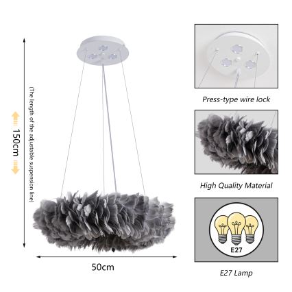 Brilagi - Suspension LED FEATHER sur câble, 3xE27/40W/230V + 3xLED/3W, Ø 50 cm, gris