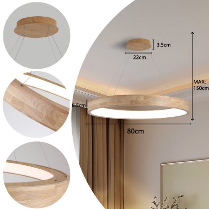 Brilagi - suspension LED sur câble FALCON WOOD LED/60W/230V 3000/4000/6000K Ø 80 cm bois