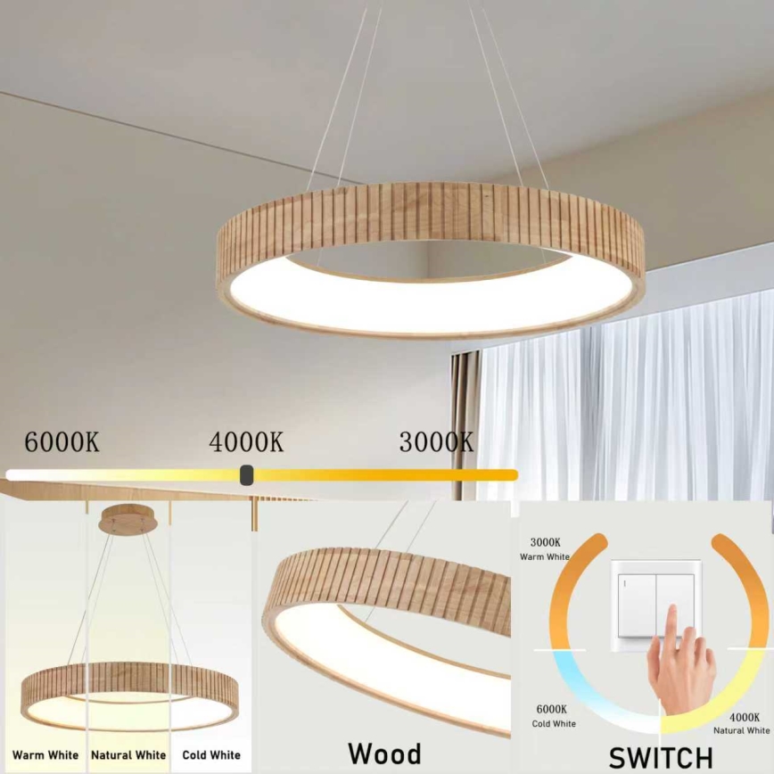 Brilagi - Suspension LED sur câble FALCON WOOD MODERN LED/40W/230V 3000/4000/6000K Ø 60 cm en bois