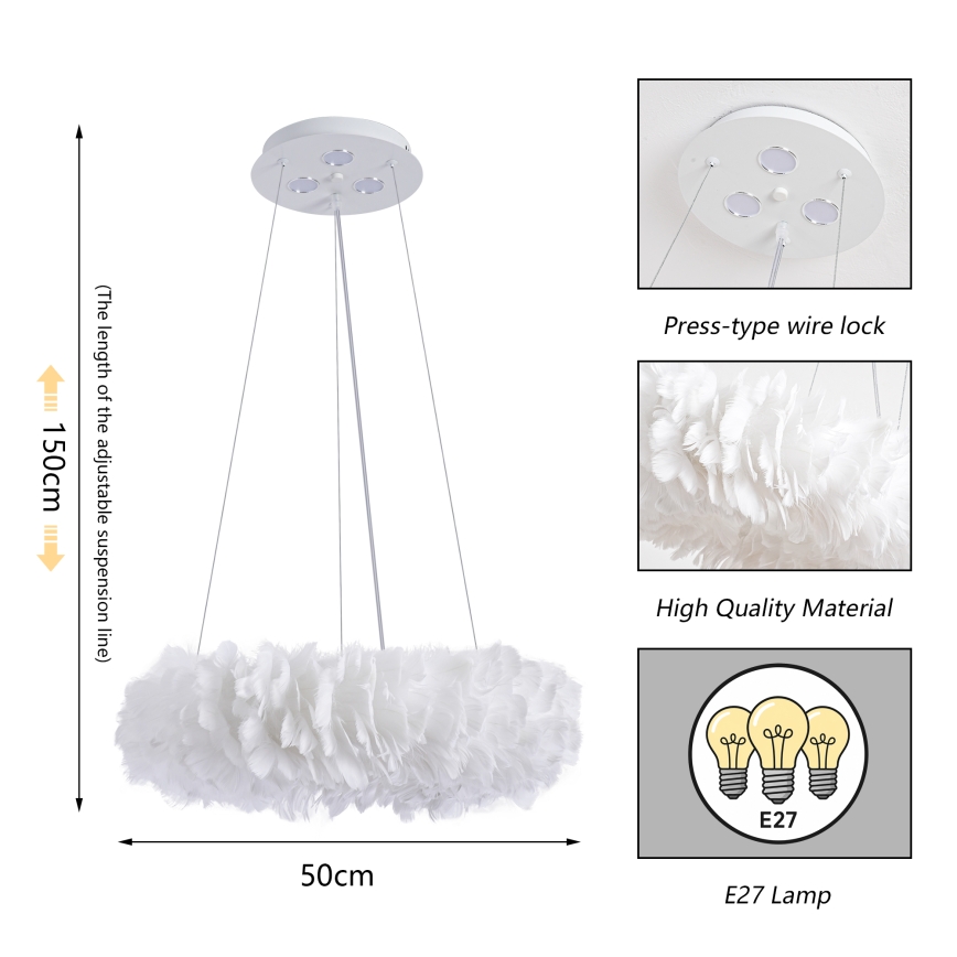 Brilagi - Suspension LED sur câble FEATHER 3xE27/40W/230V + 3xLED/3W Ø 50 cm blanche