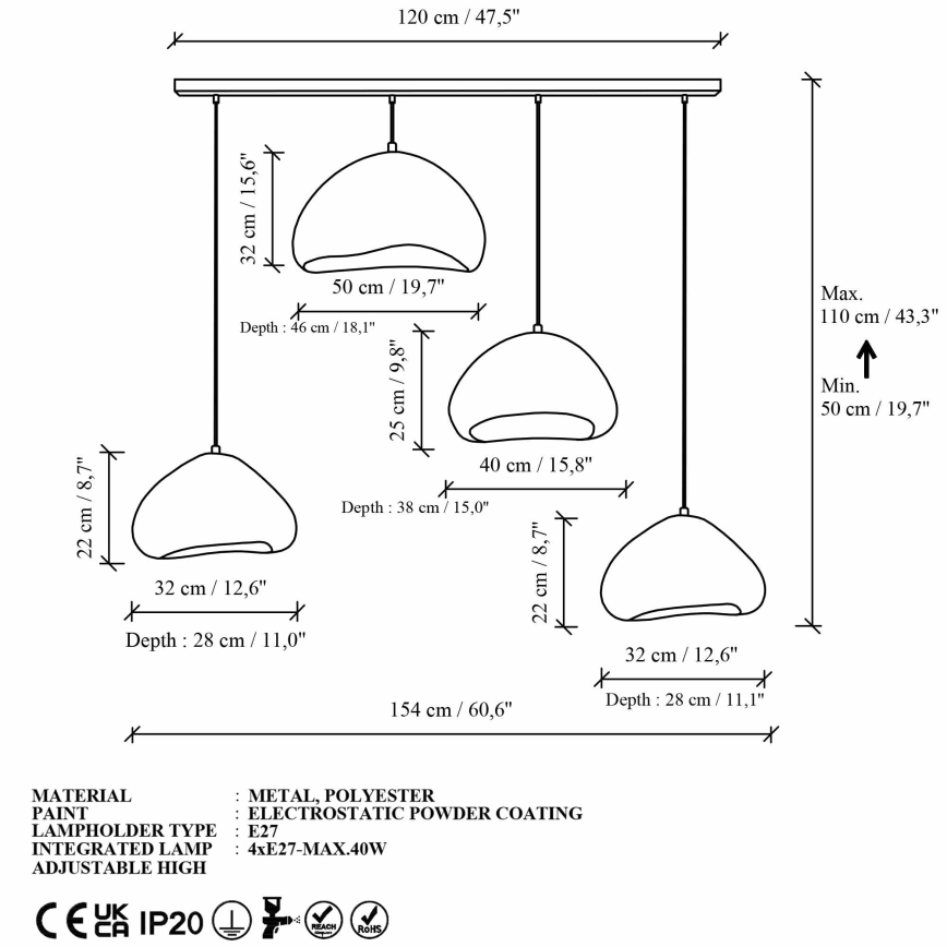 Brilagi - Suspension sur câble LORA 4xE27/40W/230V blanche