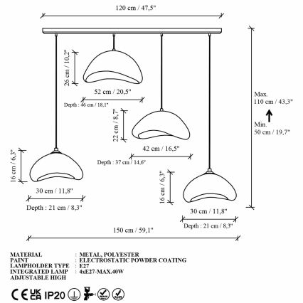 Brilagi - Suspension sur câble LUNA 4xE27/40W/230V blanc