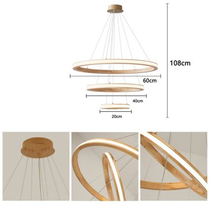 Brilagi - Suspension sur câble UMEA WOOD LED/45W/230V Ø 60 cm en bois d'hévéa