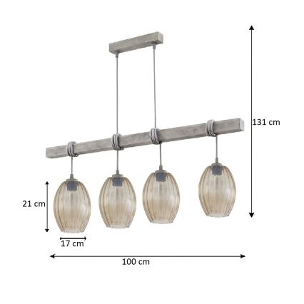 BRILAGI - Suspension sur câble WOOD GLASS 4xE27/60W/230V pin/gris/brun fumé