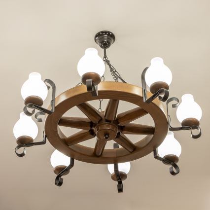 Brilagi - Suspension sur chaîne ROATA 8xE14/40W/230V Ø 70 cm hêtre/noyer