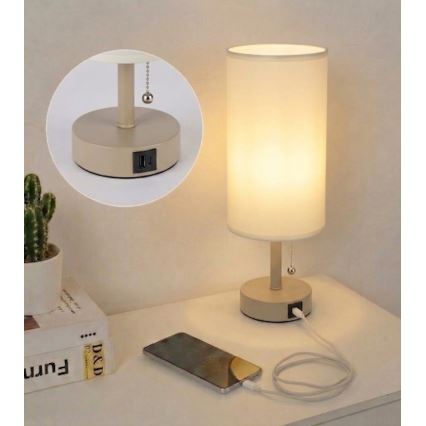 Brilagi - Tafellamp met USB-poort TABLON 1xE27/25W/230V beige/crème