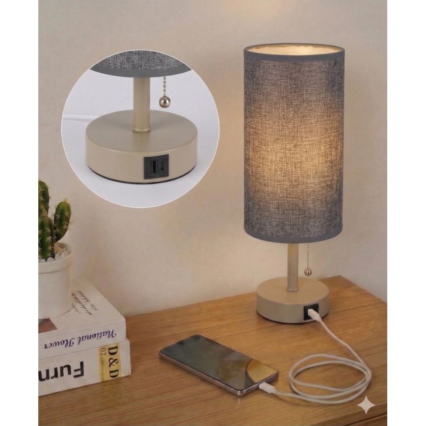Brilagi - Tafellamp met USB-poort TABLON 1xE27/25W/230V beige/grijs