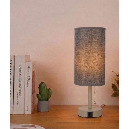 Brilagi - Tafellamp met USB-poort TABLON 1xE27/25W/230V beige/grijs