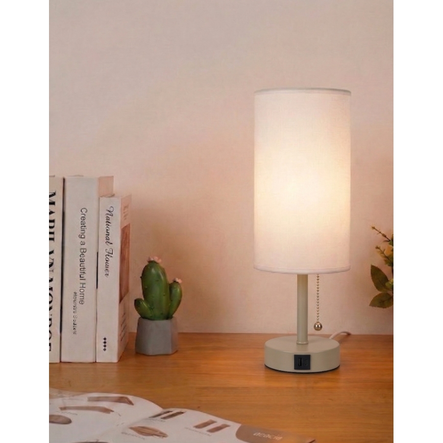 Brilagi - Tafellamp met USB-poort TABLON 1xE27/25W/230V beige/wit