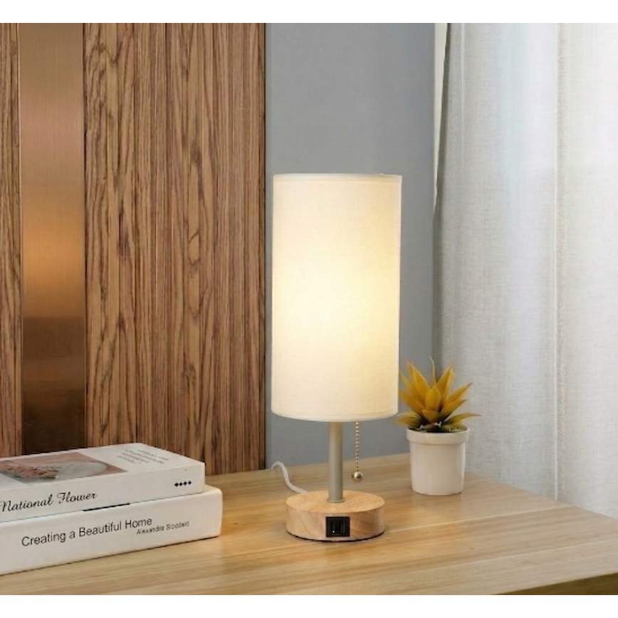 Brilagi - Tafellamp met USB-poort TABLON 1xE27/25W/230V eik/beige/crème