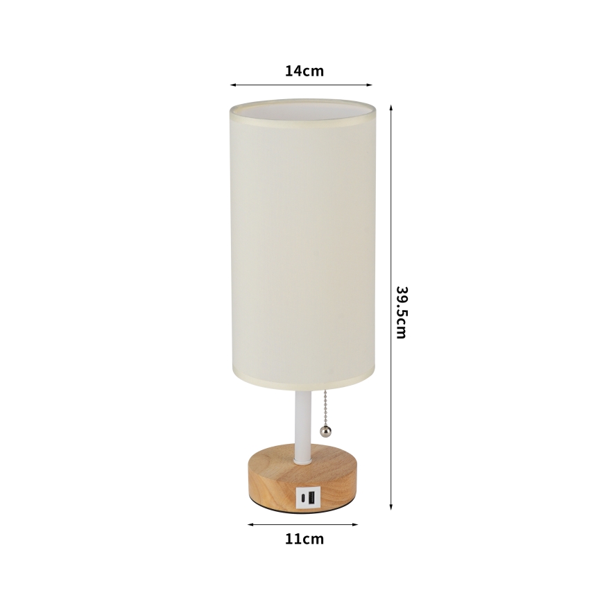 Brilagi - Tafellamp met USB-poort TABLON 1xE27/25W/230V eik/wit/crème