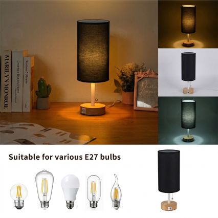 Brilagi - Tafellamp met USB-poort TABLON 1xE27/25W/230V eik/wit/zwart